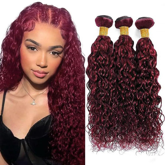Water Wave Human Hair Bundles 16 18 20 Inch #99J Burgundy Bundles Human Hair Wine Red 12A Unprocessed Native Virgin Hair 50G Per Bundle 3 Extensions Wet and Wavy Weave for Women