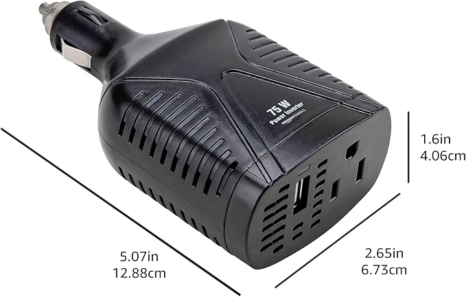 Amazon Basics 75W Portable Car Power Inverter, 12V to 110V, USB Charging Port, AC Outlet for Vehicles, Black, 5.07 x 2.65 x 1.6 inches