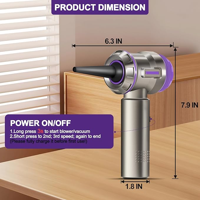 PeroBuno Air Duster for PC, 200000RPM Compressed Air, Mini Vacuum 2-in-1, 35 mins Runtime, Brushless Motor Electric Air Blower with 3 Gear and Rechargeable Battery - Canned Air - Keyboard Cleaner