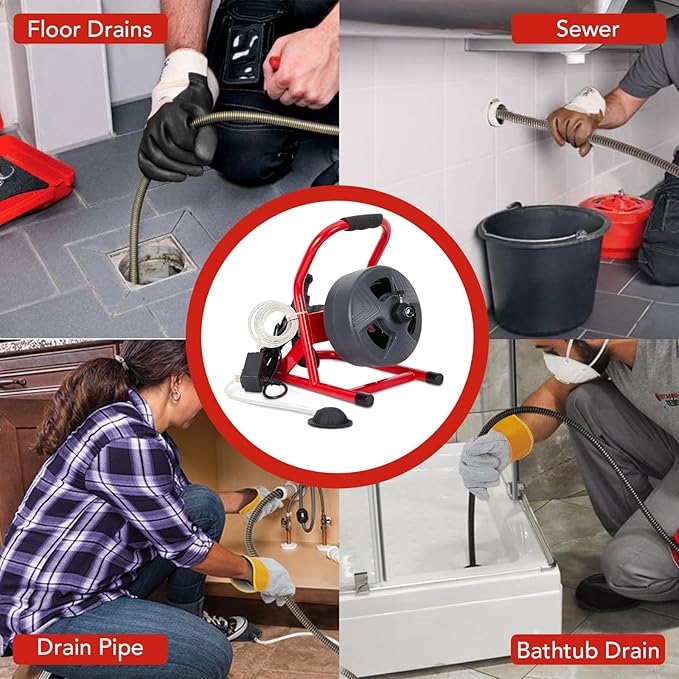 GARVEE Drain Cleaner Machine, 50 ft X 5/16 in Professional Automatic Electric Drain Auger for 3/4 to 3 in Pipes, Portable Electric Drain Snake with 6 Cutters & Foot Switch and Pair of Gloves