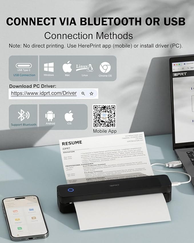 Inkless Portable Printer for Travel, Wireless Thermal Printer Supports 8.5 x 11" US Letter, A4, MT610Pro 300DPI Small Bluetooth Printers Compatible with iOS Android Laptop for Home Office Car, Black
