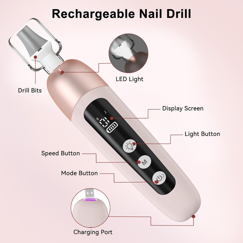 Atopskins Electric Nail Drill Cordless Nail File Professional Manicure Pedicure Kit, 9 in 1 Hand Foot Rechargeable Care Tool, 10 Speeds Electric Nail File Grinder for Thick Toenail Trim Polish Pink