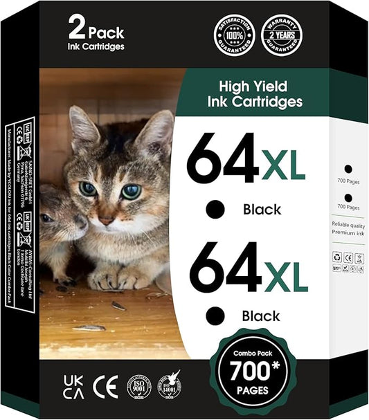 fannster 64XL Black Ink Cartridge Replacement for HP 64 XL 64 Ink High Yield (2-Pack) Compatible with Envy Photo 7858 7855 7155 6255 6232 Envy Inspire 7955e Tango X Printer