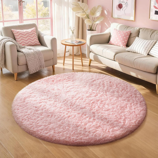 Ophanie Pink Round Rug - Fluffy Kawaii Shag Area Rug for Girls' Bedroom | 4ft Circular Plush Carpet