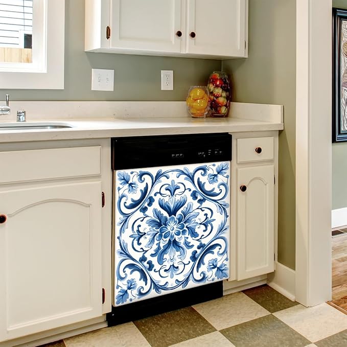 Dishwasher Magnet Cover Blue Flower Paisley Reusable Dishwasher Magnetic Cover Sticker Decorative Dish Washer Door Cover Panel for Home Kitcen Appliance, 21x26 in