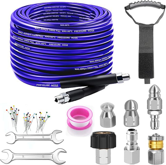 Sewer Jetter Kit for Pressure Washer, 100FT Drain Cleaner Hose 5800PSI with 1/4 Inch NPT Corner, Rotating Nozzle and 4 Different Button Nose Sewer Jet Nozzles, Waterproof Tape and 2 Spanners （Purple）