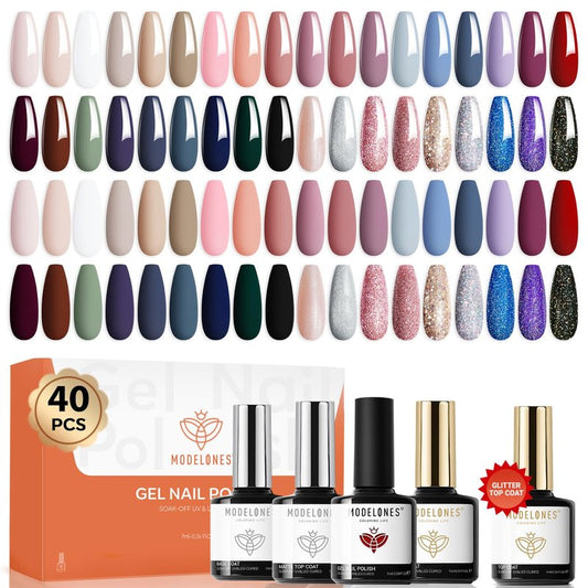 Modelones 40 Pcs Gel Nail Polish Set - 36 Colors for Fall/Winter | Nude, Brown, Burgundy, Red, Blue, Black, Glitter, Base & Top Coats