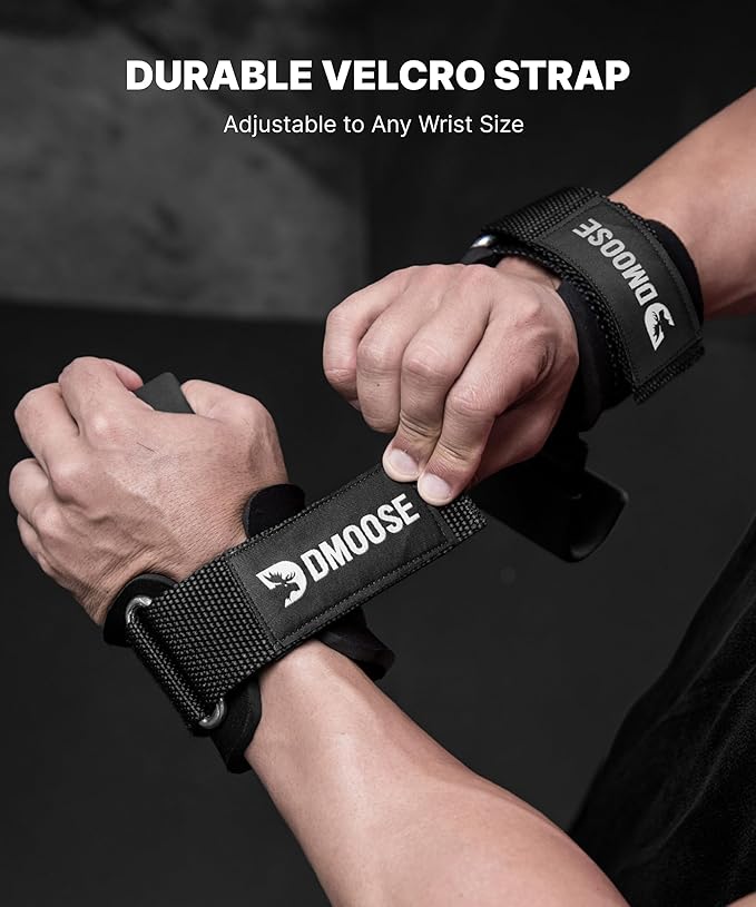 DMoose Fitness Weight Lifting Hooks for Men & Women (Pair) - 8 mm Thick Wrist Padding - Weight Grips for Powerlifting, Shrugs, Rows & Deadlift Support - Gym Lifting Straps with Pull Up Hook (American)