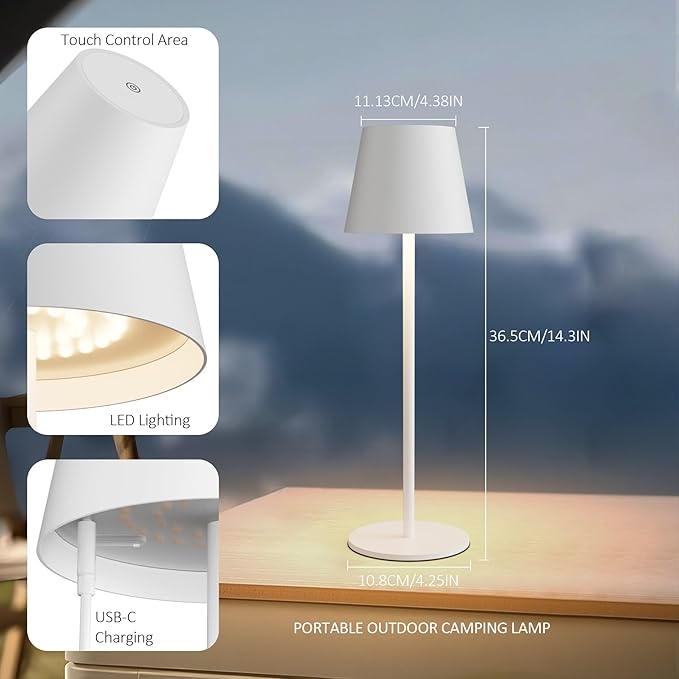 irotine 2-Pack White Cordless Table Lamp,Rechargeable LED Desk Lamp,5000mAh Battery Operated Lamp,3000K Warm Light Stepless Dimming,IP54 Waterproof Portable Table Light for Restaurant/Camping,White