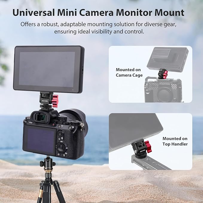 Mechrig Mini Camera Monitor Mount with Cold Shoe, Aluminum Field Monitor Mount with 1/4″ Screw for LED Light Mic Cage, Cold Shoe Adapter 360° Swivel & 180° Tilt Damping (with Knob 63142)
