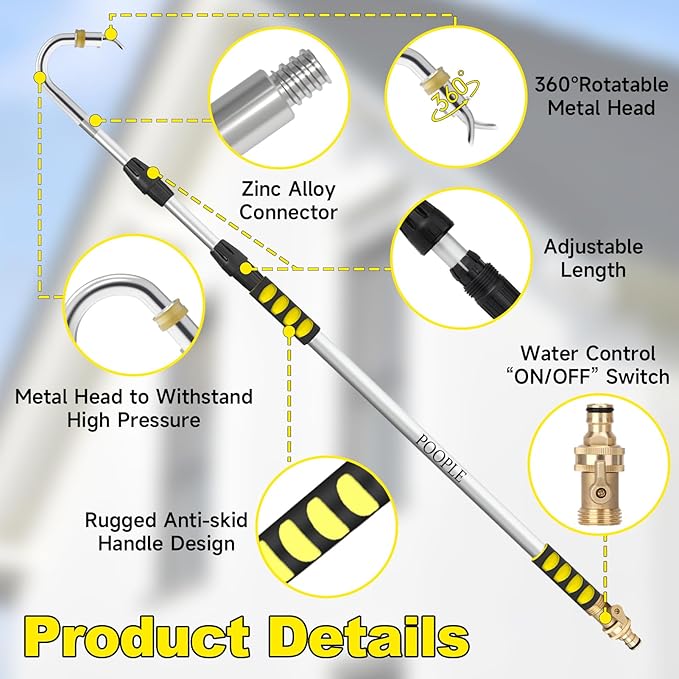 Gutter Cleaning Tools from Ground, 12FT Telescoping Pole (20FT Reach) - Heavy-Duty Zinc Alloy Head, 360Â° Spray Nozzle & Leak-Proof Kit, No Ladder Needed for Roof Gutters