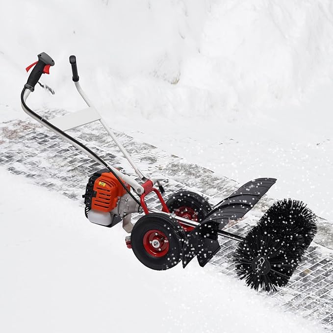 2-Handles 52CC Gas Power Broom, 2.5HP Gas Power Sweeping Broom Walk Behind Broom Driveway Turf Grass Cleaning Sweeping Machine Rotatable Brush Head, 10500rpm