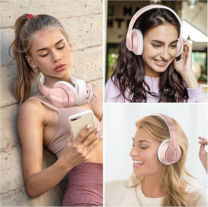 Glynzak Wireless Bluetooth Headphones Over Ear 65H Playtime HiFi Stereo Headset with Microphone and 6EQ Modes Foldable Bluetooth V6.0 Headphones for Travel Smartphone Computer Laptop Rose Gold