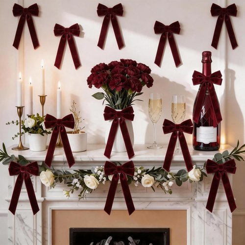 Burgundy Velvet Bows by [Brand Name] - 12 Pcs Pre-Tied 5x10 Inch Ribbons for Vintage Decor | Fall Wedding & Party Decor