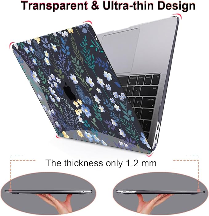 LCMOCICO for M1 MacBook Air 13 Inch Case 2021 2020 2019 2018 Release M1 A2337 A2179 A1932 Cover with Retina Display & Touch ID, Printed Pattern Plastic Hard Shell Case, Meadow Wildflower Black