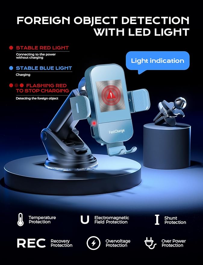 CHGeek Wireless Car Charger, 15W Fast Charging Auto Clamping Car Charger Phone Mount Phone Holder fit for iPhone 15 14 13 12 11 Pro Max Xs, Samsung Galaxy S24 Ultra S23 S22 S21, S20, S10+, Cyan