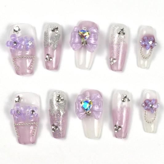 Handmade Fake Nails Long Purple Rhinestones Bow Flowers Design Press-on Nails Printing Glitter Silver Butterfly False Tips 10Pcs Size L