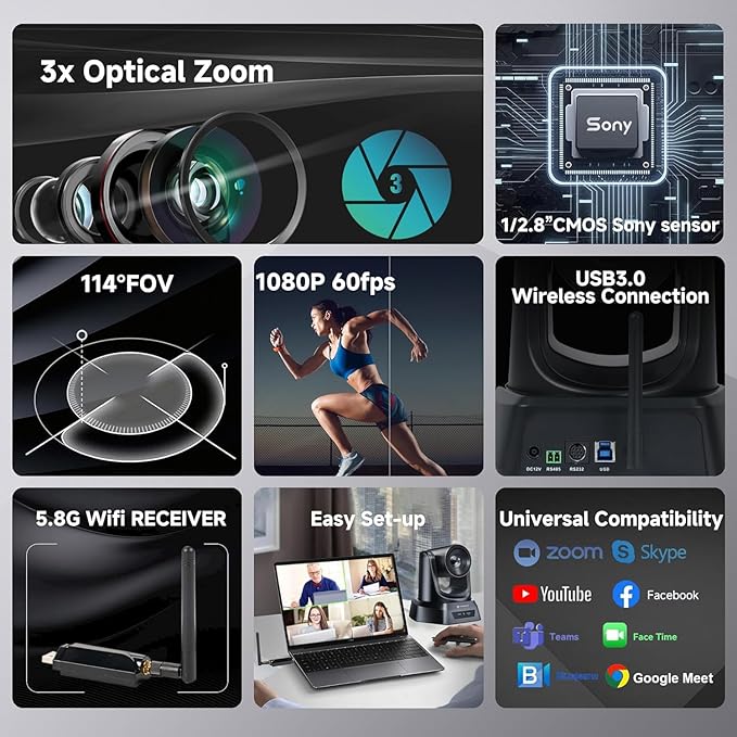 TONGVEO Wireless AI PTZ Camera with Auto-Tracking: Built-in 5.8GHz Receiver for Cable-Free Setup, 1080P 60fps 3X Zoom Conference Camera for Church Services, Online Classes & Hybrid Meetings