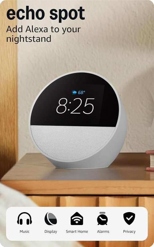 Echo Spot by Amazon - Smart Alarm Clock with Alexa | Ideal for Nightstands & Offices | Ocean Blue