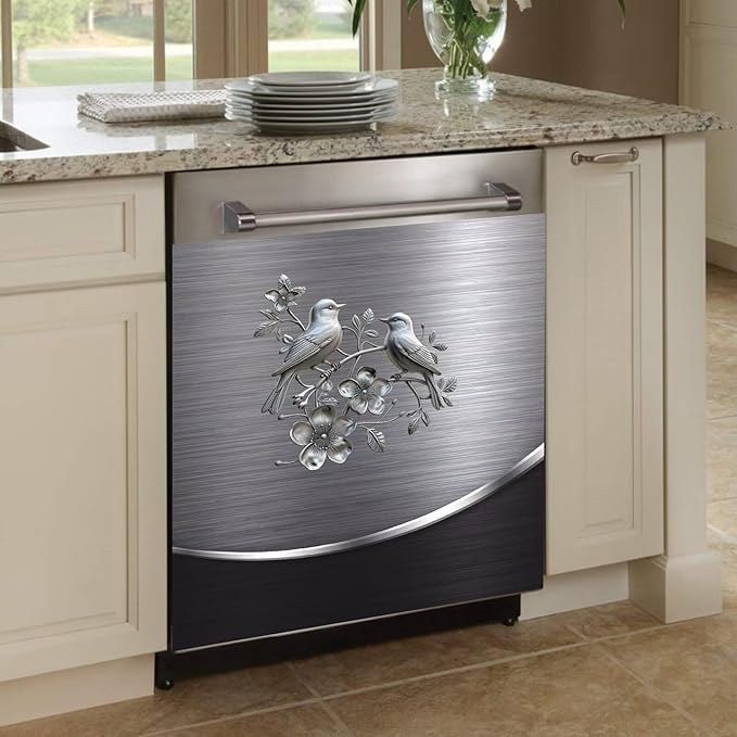 Grey Metal Silver Bird with Flower Pattern Magnetic Dishwasher Cover Sheet,Polishing Steelbird Dishwasher Skin Decor Silver Texture,23X26 INCH Magnet Rerigerator Kitchen Panel Decal Sticker