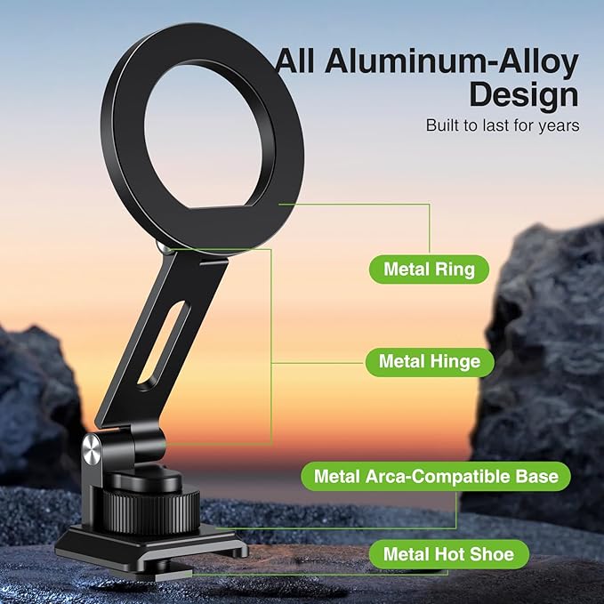 elitehood Magsafe Tripod Mount with Cold Shoe & Arca Port & 1/4" Thread, Aluminum Magnetic iPhone Tripod Mount Adapter for Camera, Adjustable Camera Phone Holder Attachment for iPhone & Smartphone