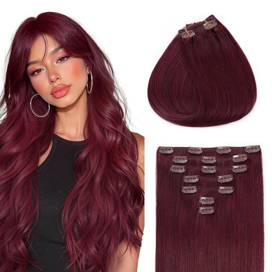 Sunya Clip in Hair Extensions Real Human Hair 7 Pcs Human Hair Clip in Extensions 14 Inch Straight Double Weft Remy Human Hair Extensions Clip ins for Women #99J Burgundy 70G