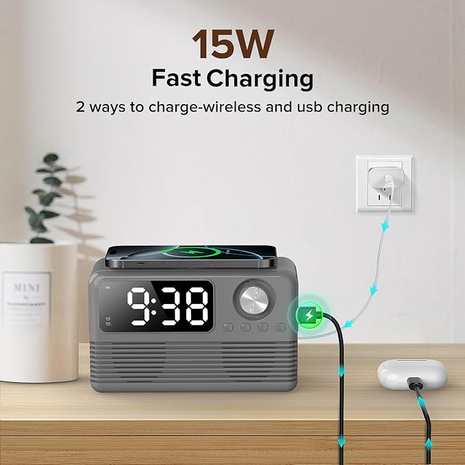 FlyShow 15W Fast Wireless Charger with Bluetooth Speaker and Alarm Clock Radio,4 in1 Wireless Charging Station for iPhone,Android Phones with FM Radio for Bedroom