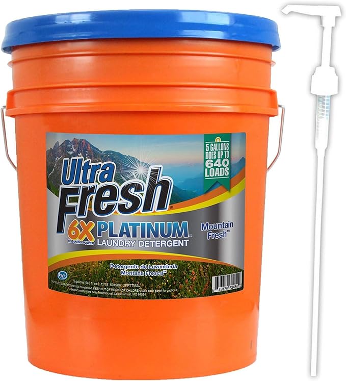 Ultra Fresh 6X Platinum 5 Gallon Laundry Detergent Liquid for All Machine Types with Easy Dispensing Pump, Up to 640 Loads, Mountain Fresh (6 Pack)