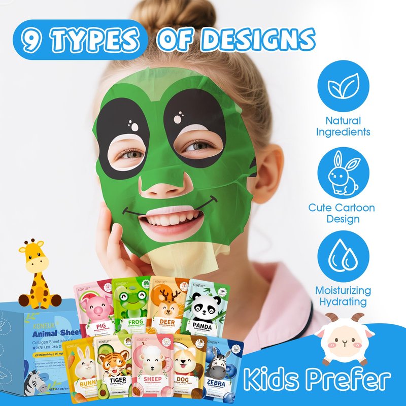KONEUK 36 Pack Cute Animal Kids Face Mask, Sheet Collagen Moisturizing Face Mask for Girls Teens, Sleepover Party Supplies, Bulk Spa Party Gifts and Birthday Gifts