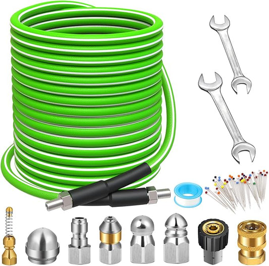West Bay Sewer Jetter Kit 100 FT for Pressure Washer, 5800 PSI Drain Cleaner Hose 1/4 Inch NPT Corner Rotating and Button Nose Sewer Jetting Nozzle Spanner Watertight Tape Pearl Corsage Pin(Green)