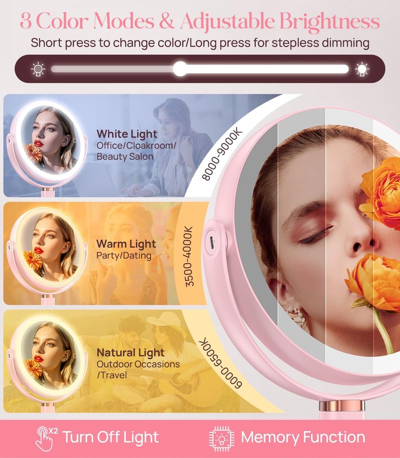 Gospire 20X Magnifying Makeup Mirror with Lights - Adjustable Height, 4000mAh Rechargeable Battery, 3 Dimmable Colors | Pink