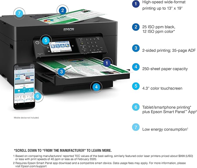 Epson Workforce Pro WF-7820 Wireless Duplex All-in-One Wide-Format Printer, Copier, Scanner, and Fax with 50 Page ADF, 250 Sheet Paper Capacity and Mobile Printing, Black