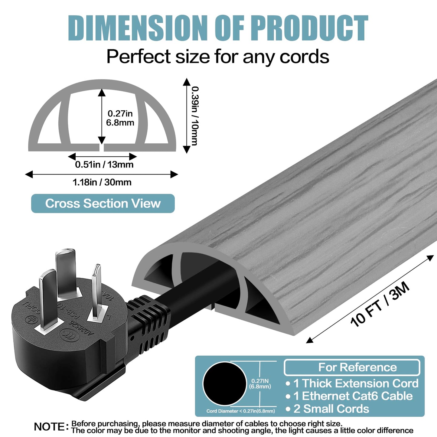 Floor Cord Cover Self Adhesive Cord Hider,10FT Cable Management, Extension Strip Protector for Wires, Prevent Cable Trips for Offices, Gyms, Exhibitions Cavity:0.39"(W) x 0.27"(H) Gray Wood