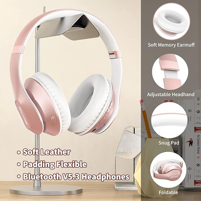 Glynzak Wireless Bluetooth Headphones Over Ear 65H Playtime HiFi Stereo Headset with Microphone and 6EQ Modes Foldable Bluetooth V6.0 Headphones for Travel Smartphone Computer Laptop Rose Gold