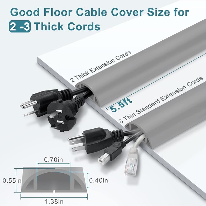 LZEOY 5.5FT Floor Cord Cover, Grey Soft Cable Cover Floor, Large Size Extension Cord Covers for Floor, Power Cord Protector Floor Wire Cover - Cord Channel Diameter: 0.7" (W) x 0.4" (H)