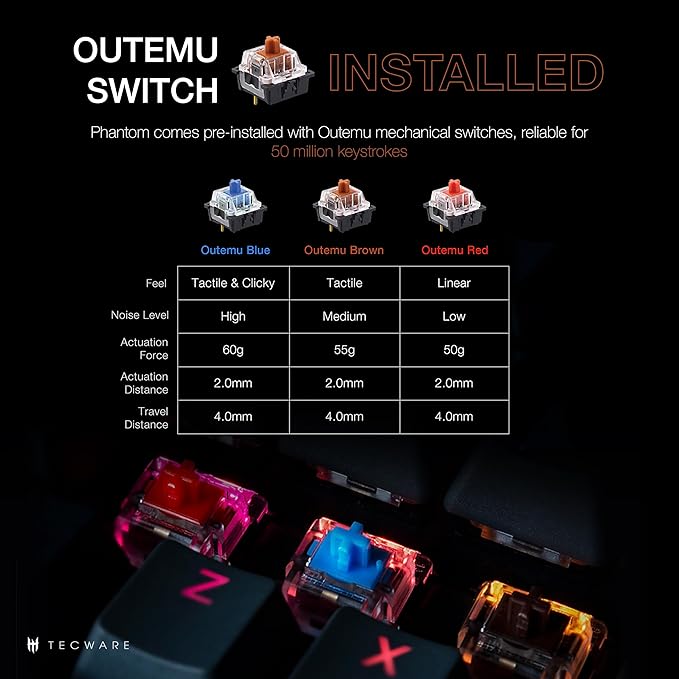 TECWARE Phantom 87 Key RGB Mechanical Gaming Keyboard | Outemu Brown Switch | 16.8M Color LED Lighting | 18 Pre-Set | Low Latency | N-Key Rollover | Software Customizable Keys | Wired USB Connection