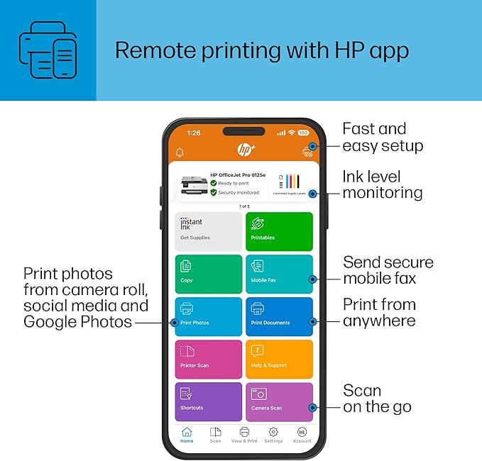 HP OfficeJet Pro 8125e Wireless All-in-One Color Inkjet Printer, Print, scan, Copy, ADF, Duplex Printing Best-for-Home Office, 3 Month Instant Ink Trial Included, AI-Enabled (405T6A)