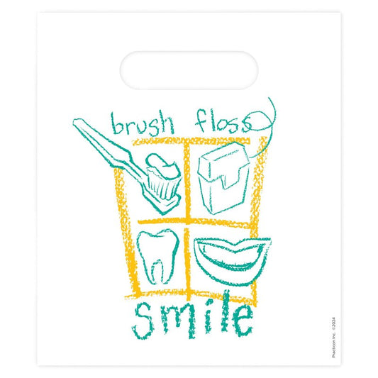 Practicon Brush Floss Smile 7-3/4" x 9" Dental Bag, Dental Hygiene Patient Care Goodie Bag, Dentist Office Plastic Gift Bags, 100 Pack