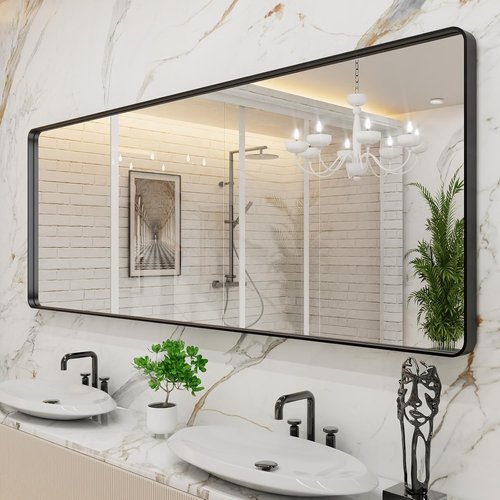 LOAAO Black Metal Framed Bathroom Mirror - Large 84x32 Inch Rounded Rectangle, Anti-Rust Tempered Glass