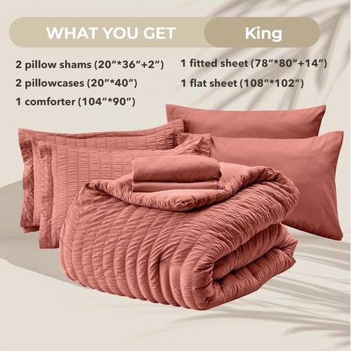 HYMOKEGE King Size Comforter Set - Luxury 7-Piece Seersucker Bedding Set for All Seasons | Includes Comforter, Sheets, Pillowcases & Shams