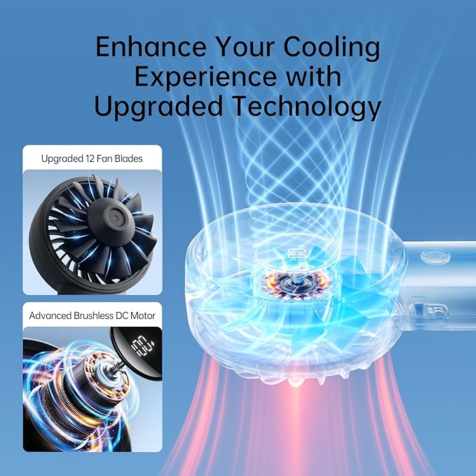 JISULIFE Handheld Portable Fan, Stronger and Longer-Lasting: 5 Speed, 5000mAh Battery, 12-Blade Turbo For Powerful Wider Wind, LED Display, Rechargeable Personal Fan for Travel Concerts Makeup-Black