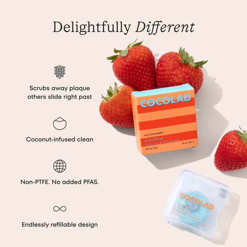 Cocofloss Expanding Woven Dental Floss by Cocolab, Waxed Tooth Floss for Daily Oral Care, Coconut Oil Infused, Vegan, for Adults and Kids, Strawberry Scent, 1 Pack