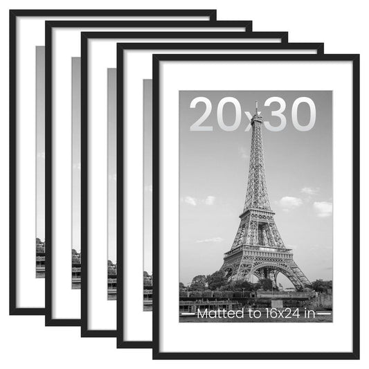 upsimples 20x30 Picture Frame Set of 5, Display Pictures 16x24 with Mat or 20x30 Without, Wall Gallery Photo Frames, Black