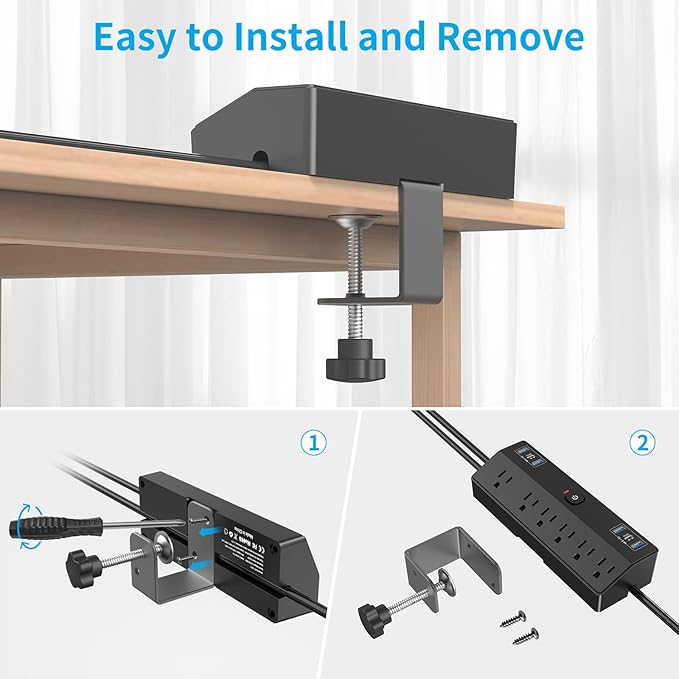 Desk Clamp Power Strip with 40W Fast Charging Station, JXGUCAT 10FT Flat Plug Desk Mount Power Strip Surge Protector, Removable Extension Cord with 2 USB-C Ports 6 Outlets, Fits 1.8" Tabletop Edge
