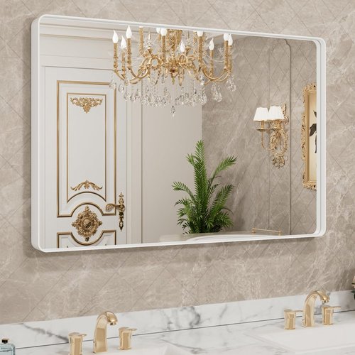 LOAAO White Metal Framed Bathroom Mirror - Large 40x32 Inch Rounded Rectangle, Anti-Rust Tempered Glass, Versatile Hanging Options