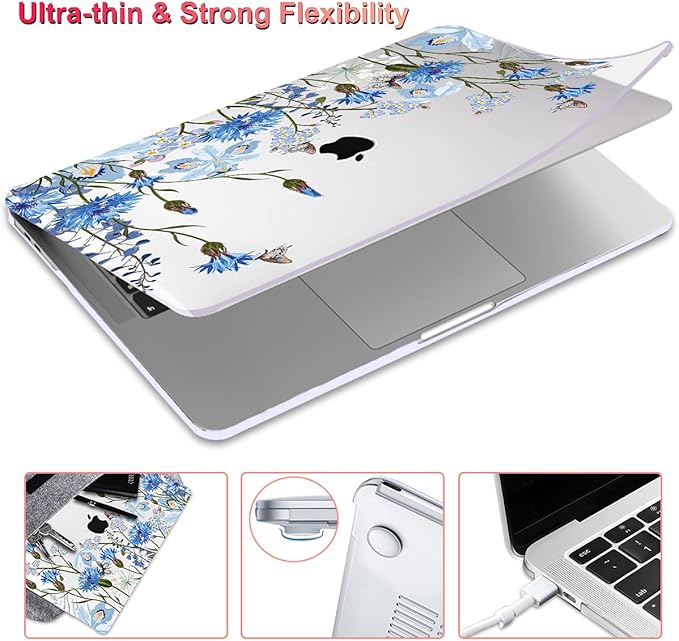 LCMOCICO for MacBook Pro 13 Inch Case 2022 M2 2020 2021 A2338 M1 A2251 A2289 with Touch Bar & Touch ID, Plastic Hard Case Keyboard Cover Screen Protector Webcam Cover Brush, Tropical Blue Flowers