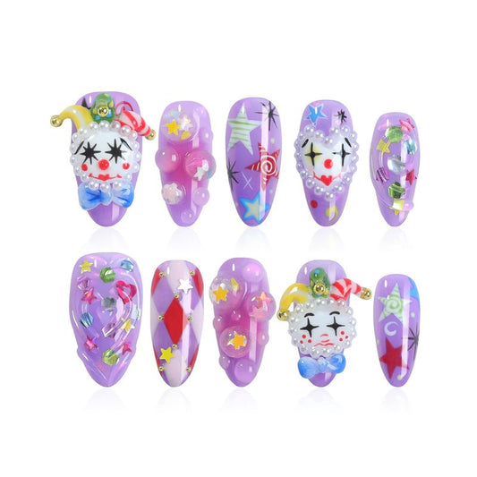HOMSERA Handmade Press On Nails Almond, French Tips 3D Joker Design Short Fake Nails, Salon-Quality Reusable, 10Pcs Includes Adhesive Pads & Nail File, Special Holiday Gifts