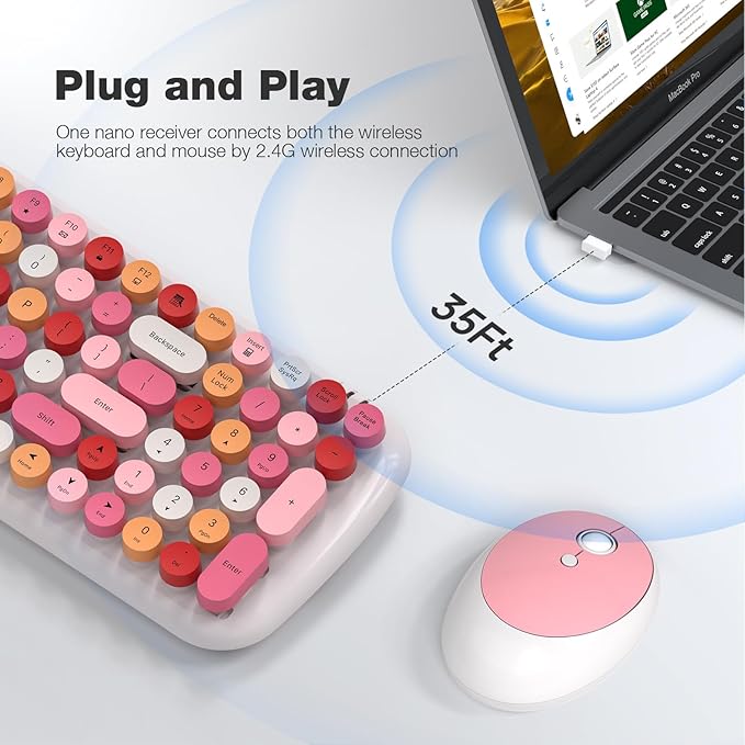 KNOWSQT Wireless Keyboard and Mouse Combo, White Mixed 100 Keys 2.4 GHz Round Keycap Typewriter Keyboards, USB Receiver Plug and Play, for Windows, PC, Laptop, Mac, Desktop