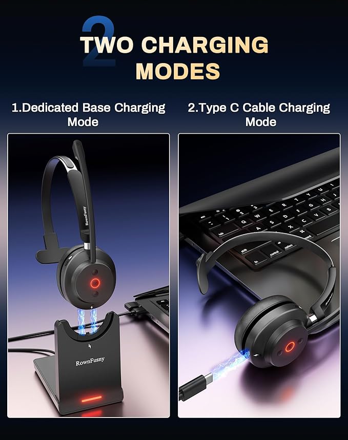 Rownfusny Wireless Headset with Mic for Work, Bluetooth 5.3 Headphones with Microphone, Headset with Microphone for PC, Wireless Headphones with Charging Base for Office, Call Center, Cell Phones