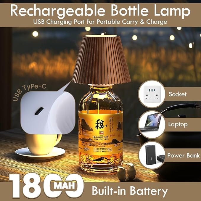 WILIT 2 Pack Wine Wirelss Bottle Lamp, 3-Level Brightness Cordless Table Lamp Shades, Rechargeable Battery Operated for Bedroom, Living Room, Kitchen Counter, Women